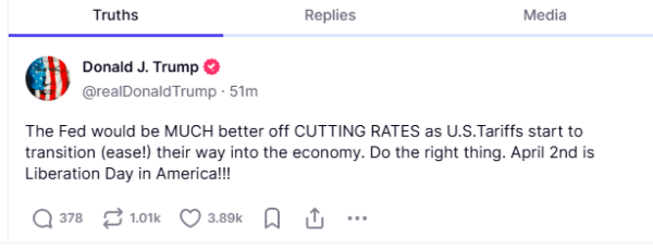 中金宸大 特朗普发帖教美联储“做正确事”：降息会好得多！